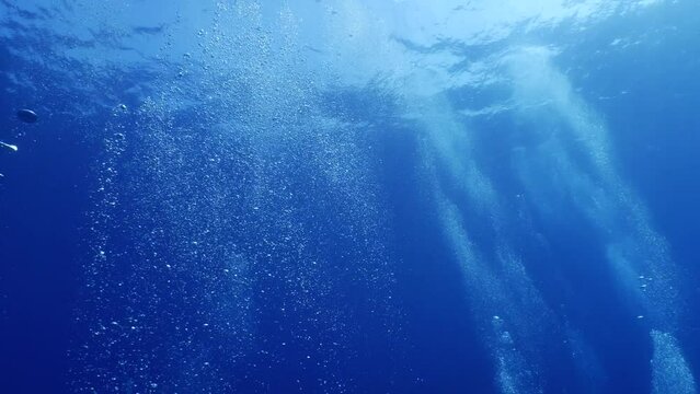  underwater close to surface with the sky view ocean scenery sun beams sun rays and air bubbles slow relaxing ocean backgrounds