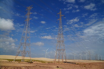 Brazilian wind farm, wind farm, wind turbine in the dunes of the Atlantic coast. Near the city of...