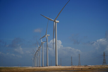 Brazilian wind farm, wind farm, wind turbine in the dunes of the Atlantic coast. Near the city of...