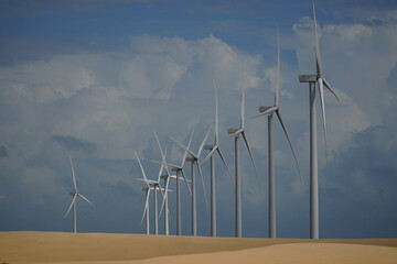Brazilian wind farm, wind farm, wind turbine in the dunes of the Atlantic coast. Near the city of...