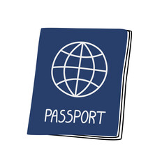 Hand drawn cute cartoon illustration of passport. Flat vector sticker in simple colored doodle style. Migration, tourism, traveling document icon or print. Isolated on white background.