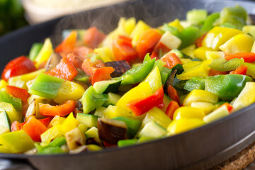 Mixed Colored Peppers and Aubergines Pan Fried. High quality photo