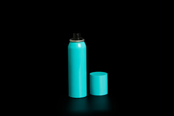 Light blue spray can on black background with reflection below.