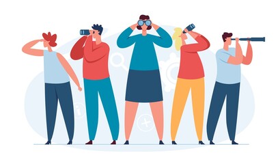 Characters searching for new ideas, business team looking into future. People look through binoculars, search for candidates vector concept. Job opportunities and recruitment concept