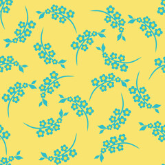 Simple vector floral seamless pattern with simple small flowers on the branches. Liberty style print. Ditsy background texture. Blue and yellow colors of the Ukrainian flag. Repeat decorative pattern