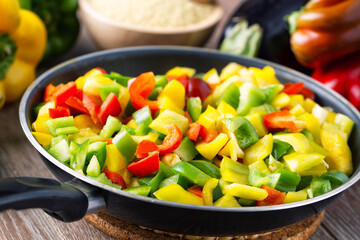 Mixed Colored Peppers and Aubergines Pan Fried. High quality photo