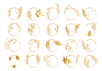 Plant frame with vector plants and grasses in gold style with gloss effects. Minimalist style of hand drawn plants. With leaves and organic shapes. Space for your own design.