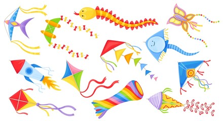 Cartoon flying kites in various shapes, colorful kids wind toys. Butterfly, diamond kite for festival, outdoor summer activity vector set. Childhood leisure entertainment, isolated paper kites