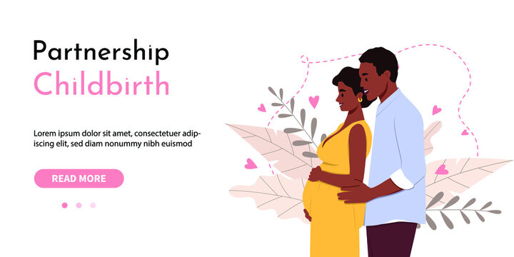 Partnership childbirth vector banner. Woman and her husband waiting for the baby.