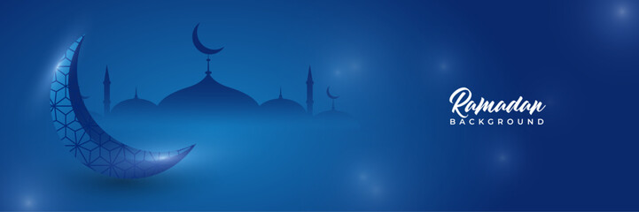 Obraz na płótnie Canvas Islamic ramadan kareem banner background with crescent pattern moon star mosque lantern. Vector illustration. Ramadhan lantern blue colorful wide banner design background