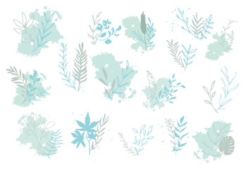 Hand drawn plant set modern and universally usable. Colorful with watercolor splashes. Trendy elements to give your design the finishing touch.