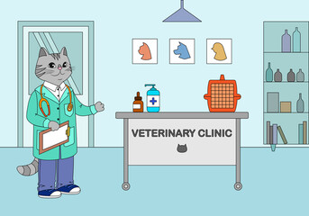 Veterinary clinic vector illustration - cartoon doctor cat invites patients to the medical office