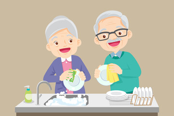 grandmother washing dish with grandfather