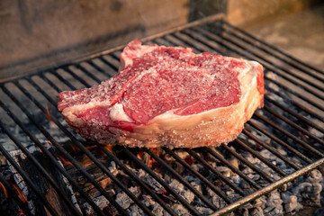 Closeup of a beautiful italian roasted steak on a barbeque grill. Appetizing piece of meat cooking on fire and embers in the backyard. Bbq, recreation, picnic, spring, summer, outdoors cook concept.