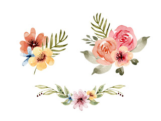 Botanical set of watercolor flowers and bouquets on a white background. illustration hand painted.	