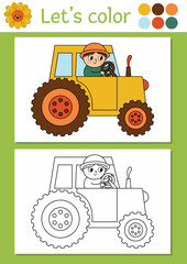 On the farm coloring page for children with farmer driving tractor. Vector rural country outline illustration. Color book for kids with colored example. Drawing skills printable worksheet.