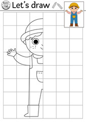Complete the farmer picture. Vector on the farm symmetrical drawing practice worksheet. Printable black and white activity for preschool kids. Copy the picture rural country coloring page.