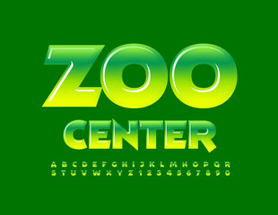 Vector creative Emblem Zoo Center. glossy Green Font. Modern Alphabet Letters and Numbers.