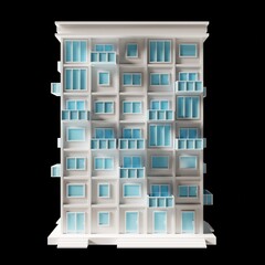 White building, modern style, 7-floor model. Architecture, low poly front 3d rendering. Blue window and door.