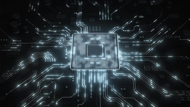 Central Computer Processors CPU concept. Motherboard digital chip. Technological and scientific hud background. Integrated communication processor. 3D animation