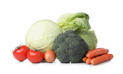 Heap of fresh ripe vegetables on white background