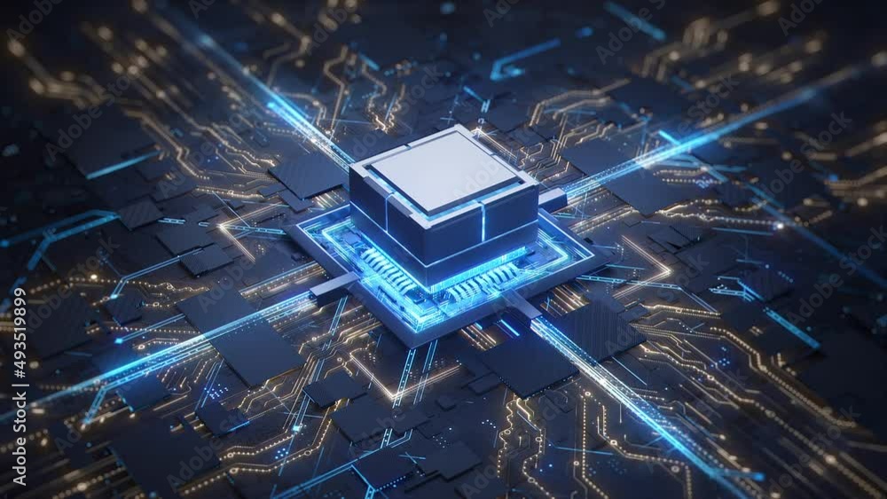 Fototapete concept animation shows the process of turning on the cpu in the motherboard. digital pulses and sig