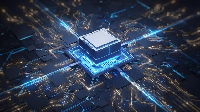Concept animation shows the process of turning on the CPU in the motherboard. Digital pulses and signals from the chip propagate through the motherboard. 3d rendering.