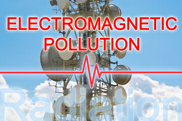Alert about electromagnetic radiations emissions and health - concept with base radio station for global communications services and graph