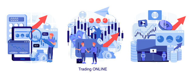 Trading online. Business, finance and trade. Tiny people buy and sell cryptocurrency, stocks and bonds for forex. Modern flat cartoon style. Vector illustration collection of scenes