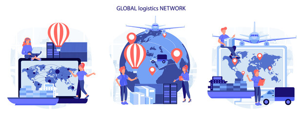 Global logistics network. Export, import, warehouse business, transportation. Business logistics. On-time delivery. Modern flat cartoon style. Vector illustration collection of scenes