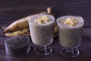 Plantain milkshake made with sliced plantain and with soaked chia seeds.