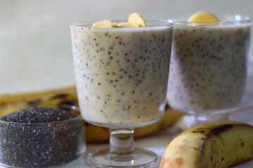 Plantain milkshake made with sliced plantain and with soaked chia seeds