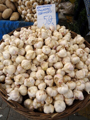 Kastamonu Taskopru garlics written on the label on a farmers market stall Bodrum, Turkey. Taskopru is a town in Kastamonu city, known with the best quality Turkish garlics.            