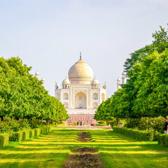 Taj Mahal one of the wonder of the world view from Mehtab Bagh garden side, Taj Mahal, Agra, Uttar Pradesh, India, sunny day view