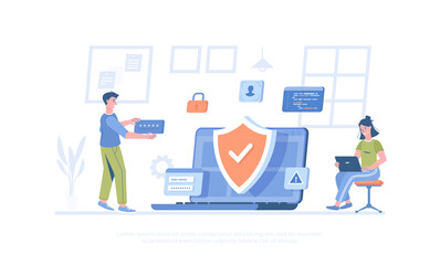 Network security, Cybersecurity, Protection of personal data. Online server protection system. Cartoon modern flat vector illustration for banner, website design, landing page.