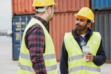 Multiethnic industrial operators working inside international containers port terminal - Freight logistics operations - Focus on Indian worker man