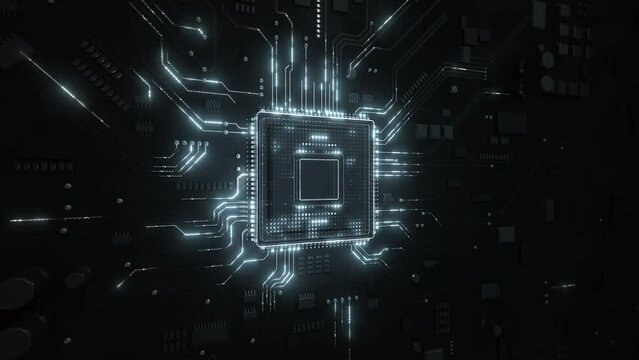 Central Computer Processors CPU concept. Motherboard digital chip. Technological and scientific hud background. Integrated communication processor. 3D animation