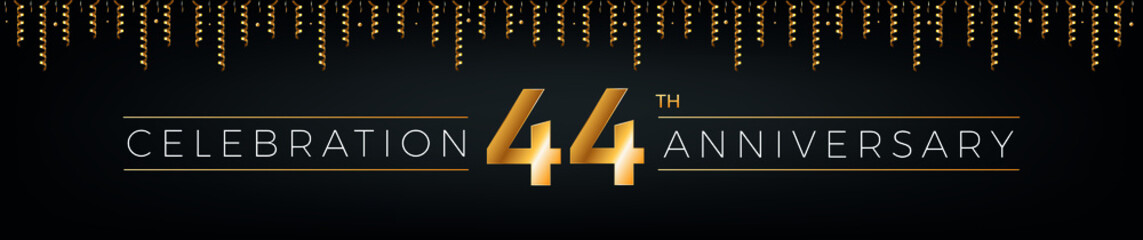 44th anniversary. Forty-four years birthday celebration horizontal banner with bright golden color.