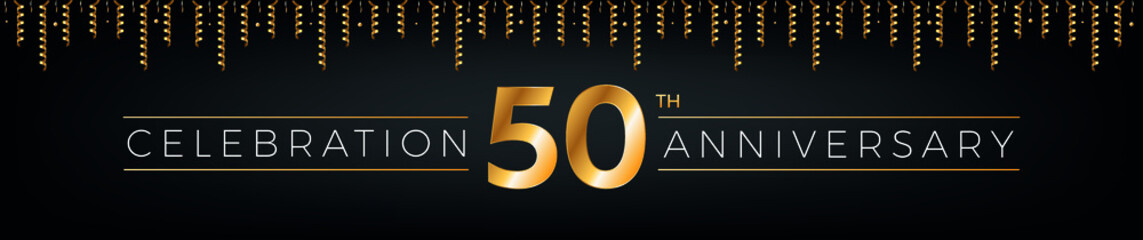 Fototapeta na wymiar 50th anniversary. Fifty years birthday celebration horizontal banner with bright golden color.