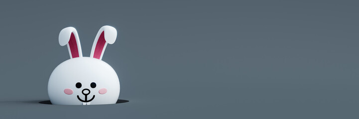 White Easter bunny peeking from ground hole on gray background 3D Rendering, 3D Illustration
