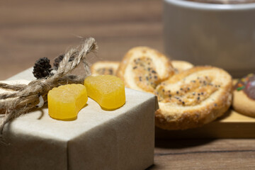 Marmalade is beautifully decorated, tangerine marmalade slices on the table