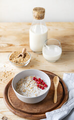 Healthy milky porridge from whole hulled grain oats with oat milk and red currant berries in bowl