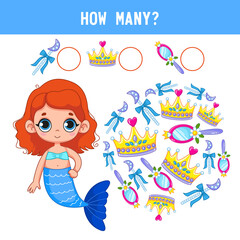 How many crowns, mirrors and magic wands lie next to a cute little mermaid girl. Counting educational children's game, children's math worksheet. Cartoon color vector illustration.