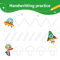 Handwriting practice. We learn the first letter of the string by dots. Set with colorful cute rockets and space. Preschool education. Vector illustration in cartoon style.