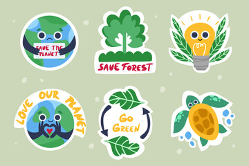 Collection of stickers. Save the planet. Stop plastic. Vector illustration in cartoon style.