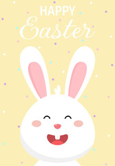 Happy easter greeting card with cute white smiling bunny. Happy Easter greeting card.  Cartoon Character for Easter Holiday. Illustration for easter banner, poster or flyer.