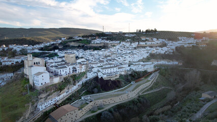 Fototapeta premium Setenil de las Bodegas drone aerial view of white towns, Cadiz, Andalucia.