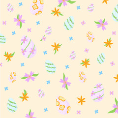 Cute Easter pattern for cards, invitations and decor. Vector design. Colored Easter eggs and flowers.