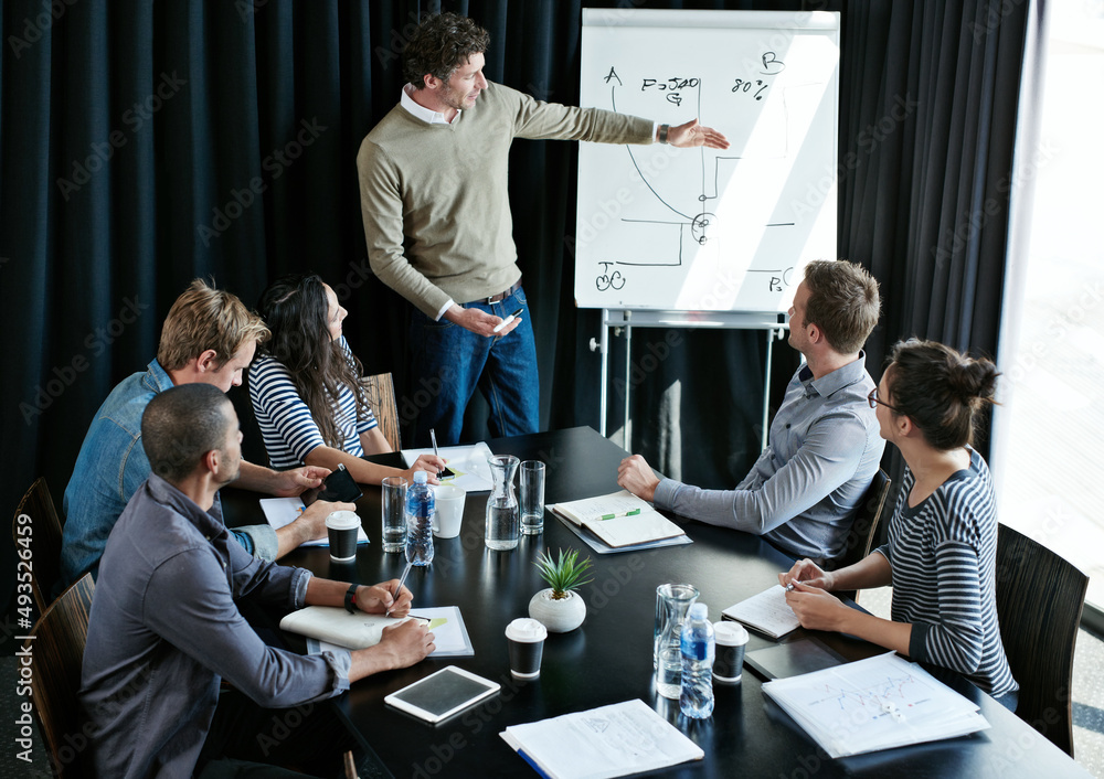Poster putting their creative minds to work. shot of a man giving a presentation on a whiteboard to colleag