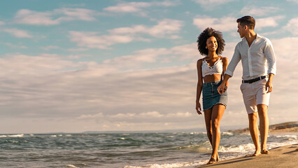 Biracial young people walking barefoot on the beach at sunset looking in each other eyes - romantic...